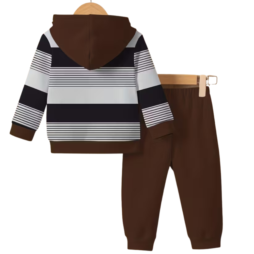 Boys Striped Hoodie And Pants Set With Bear Design
