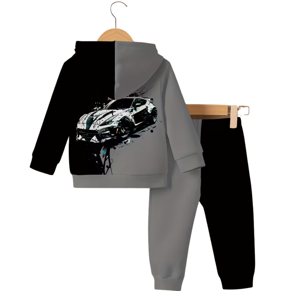Boys Hoodie And Pants Set With Car Print Design
