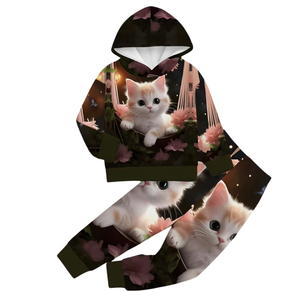 Furry Kitten Printed Hooded Sweatshirt And Pants Set