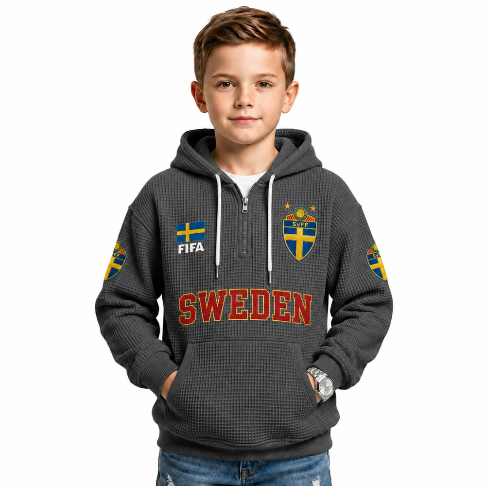 FIFA 2026 Sweden Printed Waffle Quarter Zip Kids Football Fan Hoodie