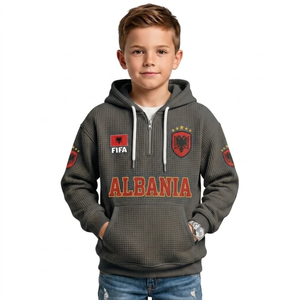 FIFA 2026 Albania Printed Waffle Quarter Zip Kids Football Fan Hoodie