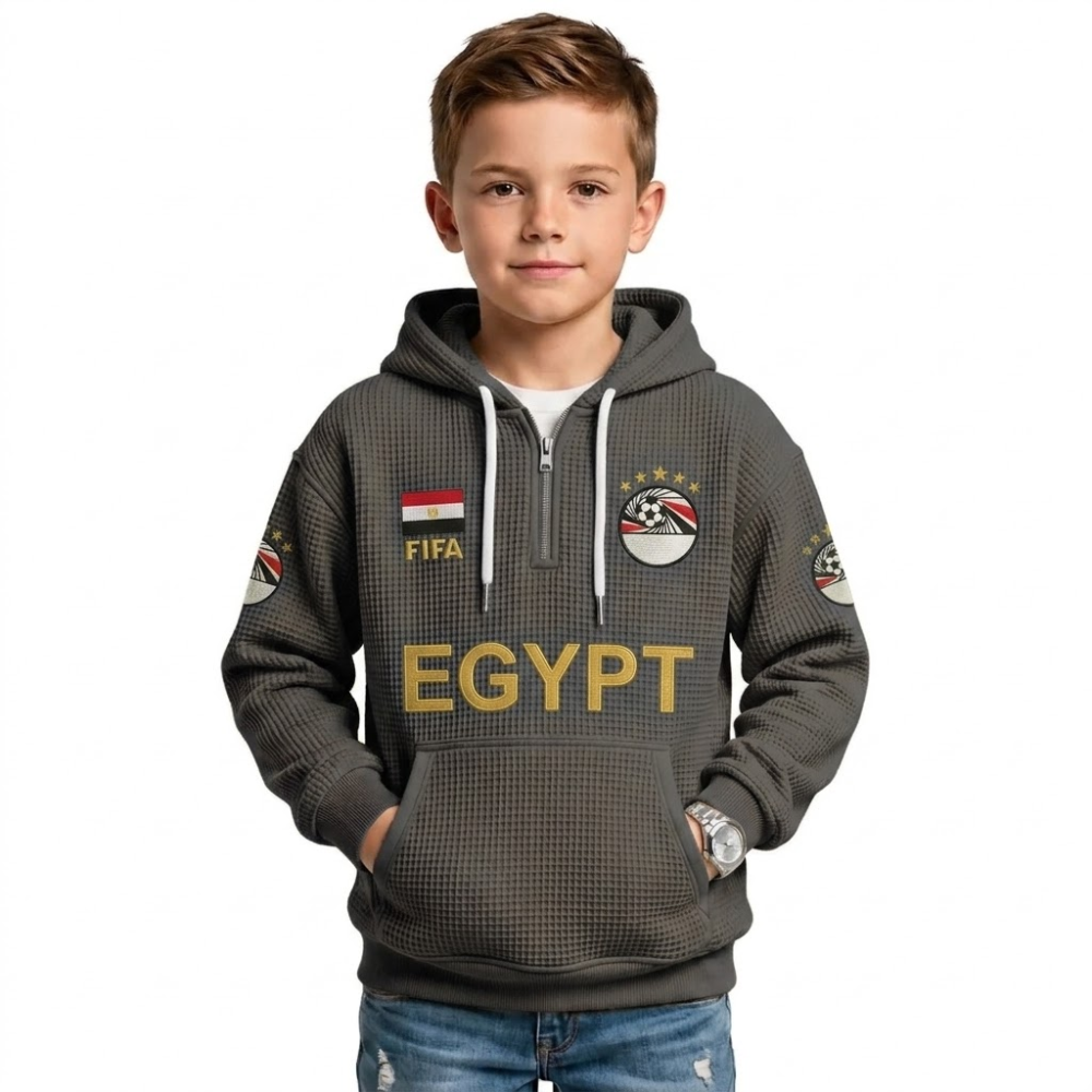 FIFA 2026 Egypt Printed Waffle Quarter Zip Kids Football Fan Hoodie