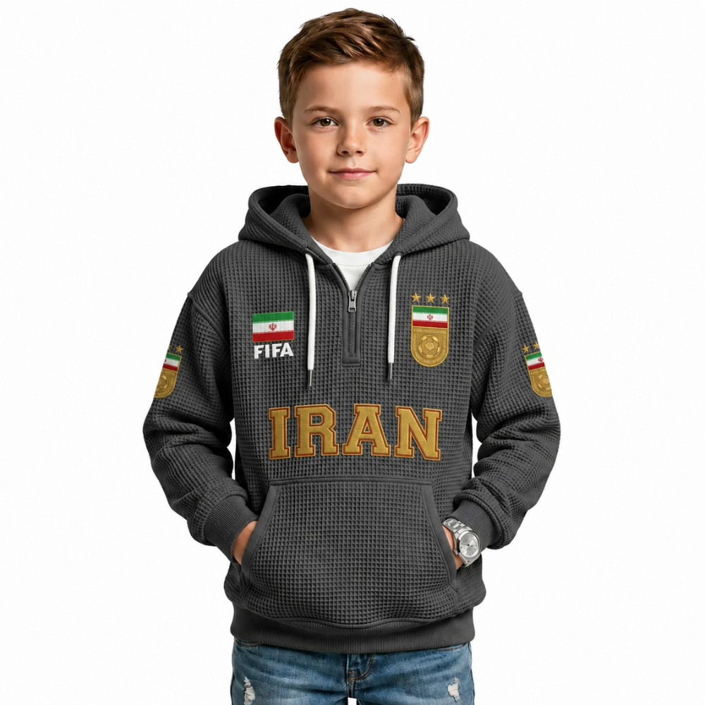 FIFA 2026 Iran Printed Waffle Quarter Zip Kids Football Fan Hoodie