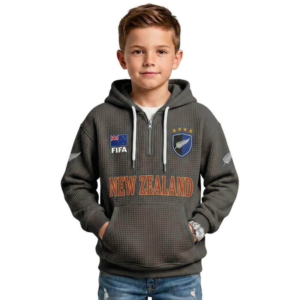 FIFA 2026 New Zealand Printed Waffle Quarter Zip Kids Football Fan Hoodie