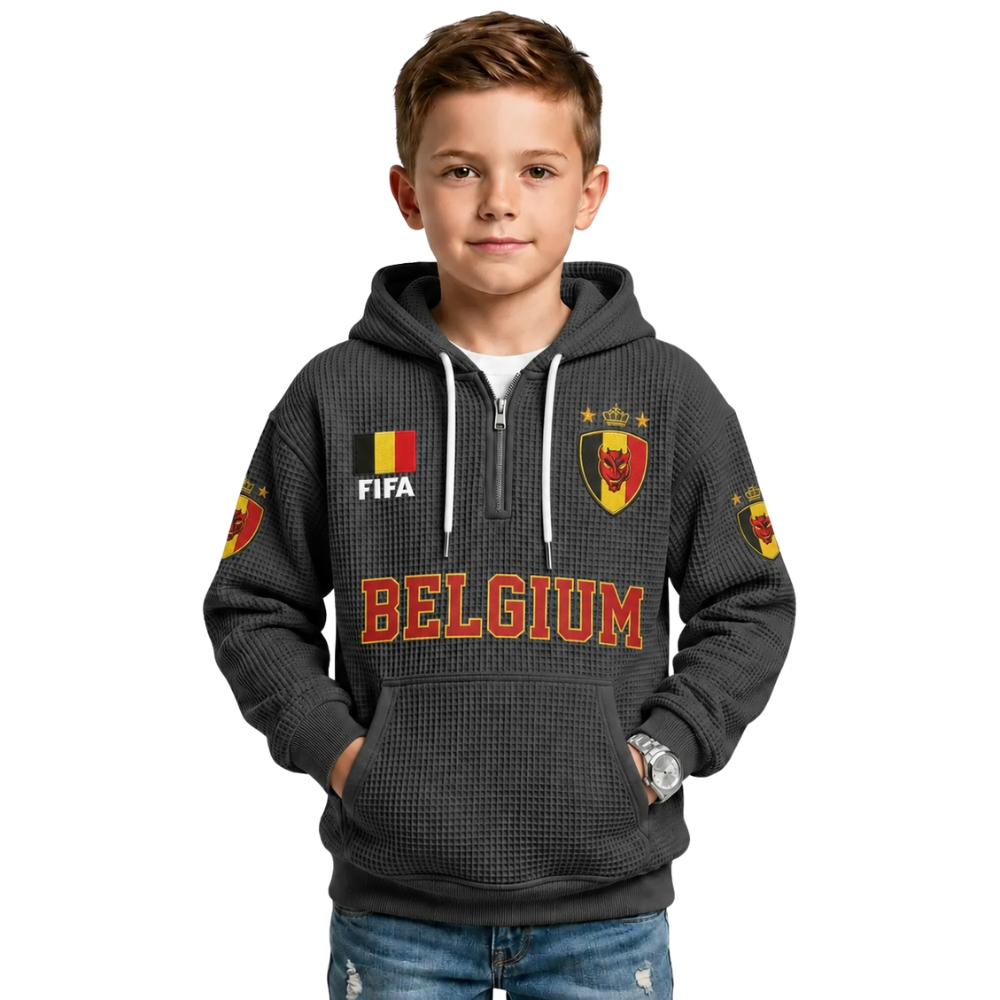 FIFA 2026 Belgium Printed Waffle Quarter Zip Kids Football Fan Hoodie