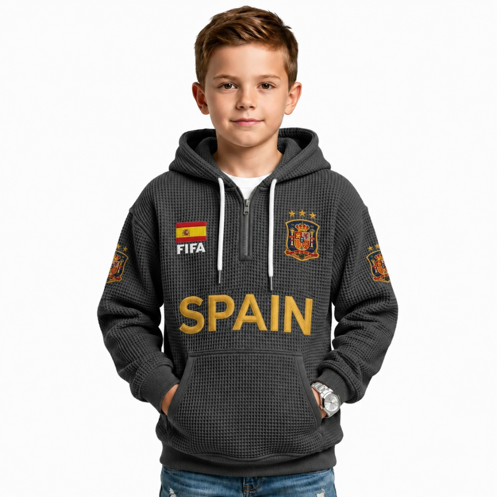 FIFA 2026 Spain Printed Waffle Quarter Zip Kids Football Fan Hoodie