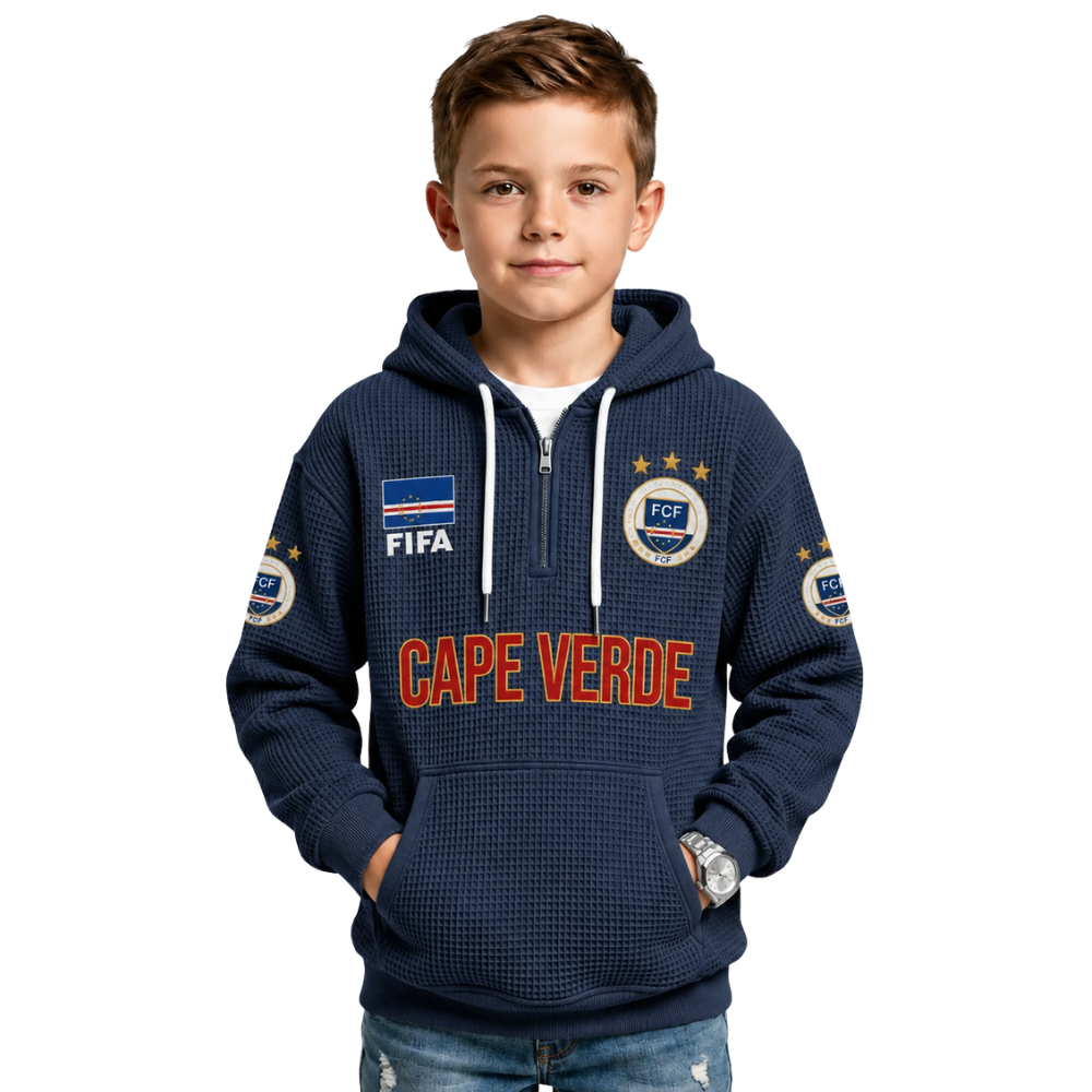 FIFA 2026 Cape Verde Printed Waffle Quarter Zip Kids Football Fan Hoodie