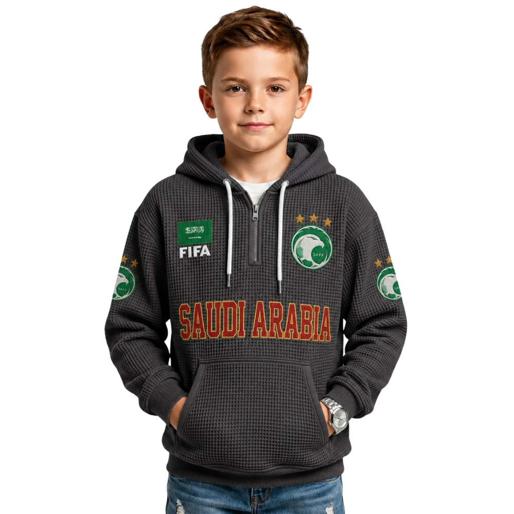 FIFA 2026 Saudi Arabia Printed Waffle Quarter Zip Kids Football Fan Hoodie