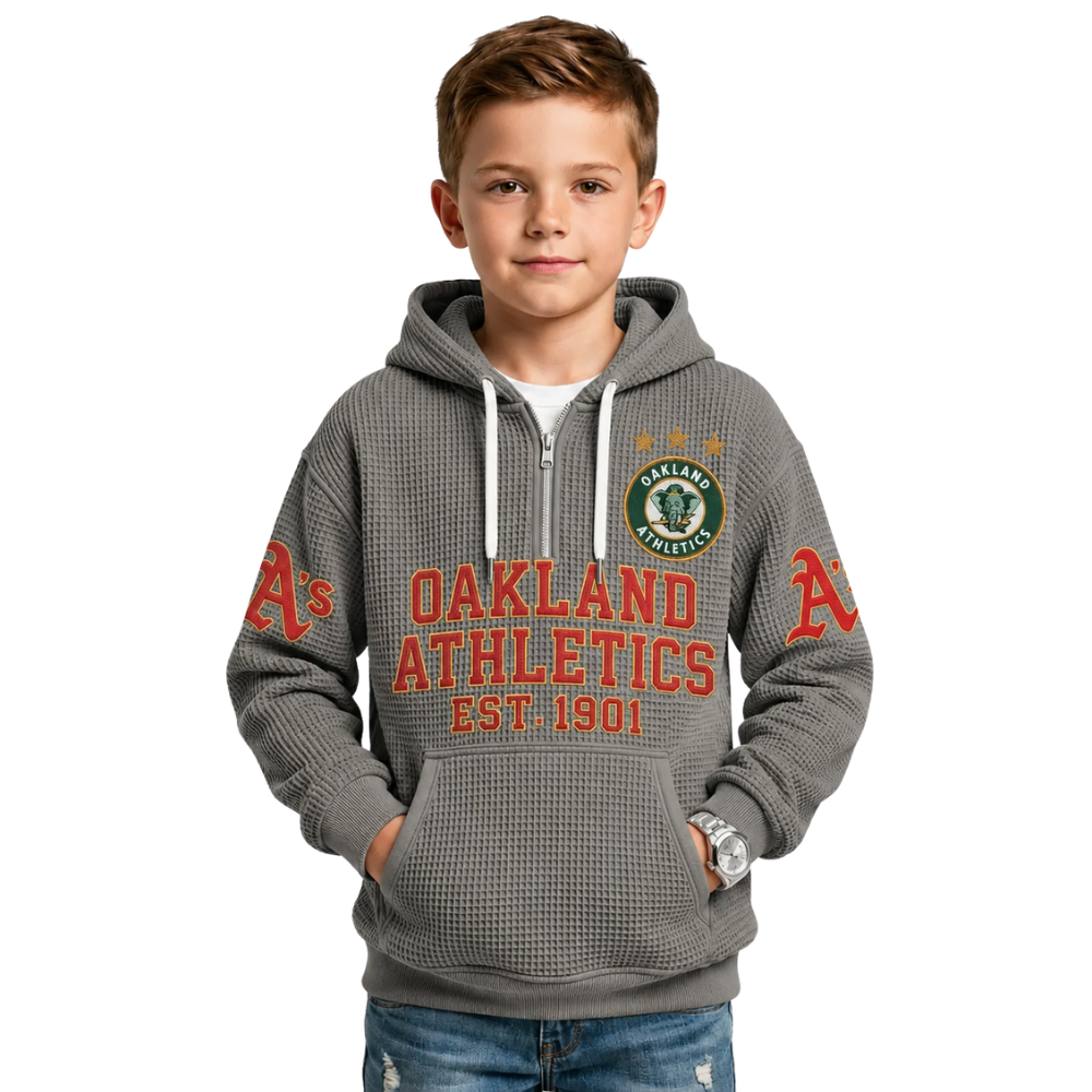 Oakland Athletics EST 1901 Kids Baseball Fan Printed Waffle Quarter Zip Hoodie