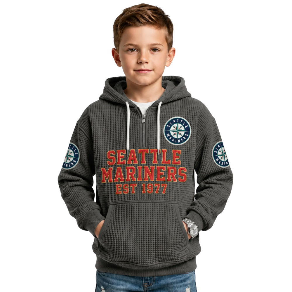Seattle Mariners EST 1977 Kids Baseball Fan Printed Waffle Quarter Zip Hoodie