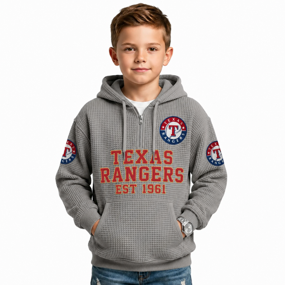 Texas Rangers EST 1961 Kids Baseball Fan Printed Waffle Quarter Zip Hoodie