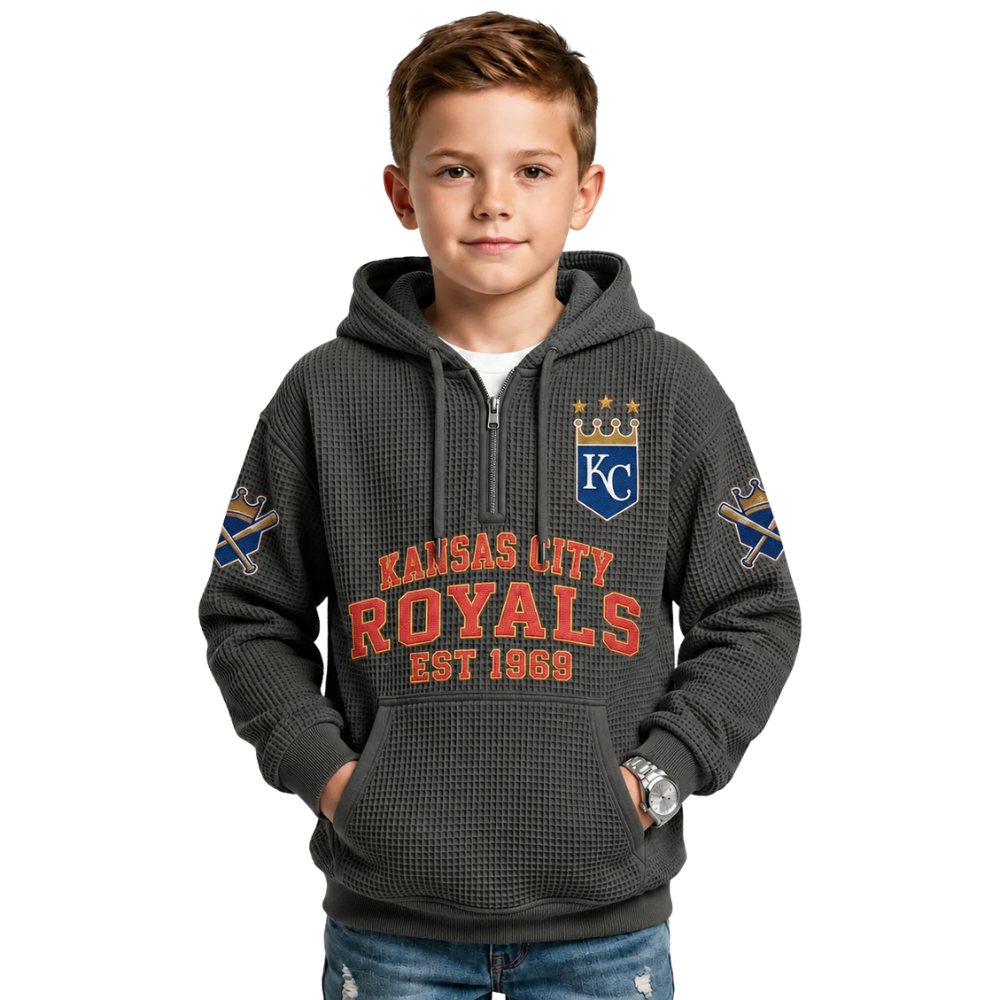 Kansas City Royals EST 1969 Kids Baseball Fan Printed Waffle Quarter Zip Hoodie