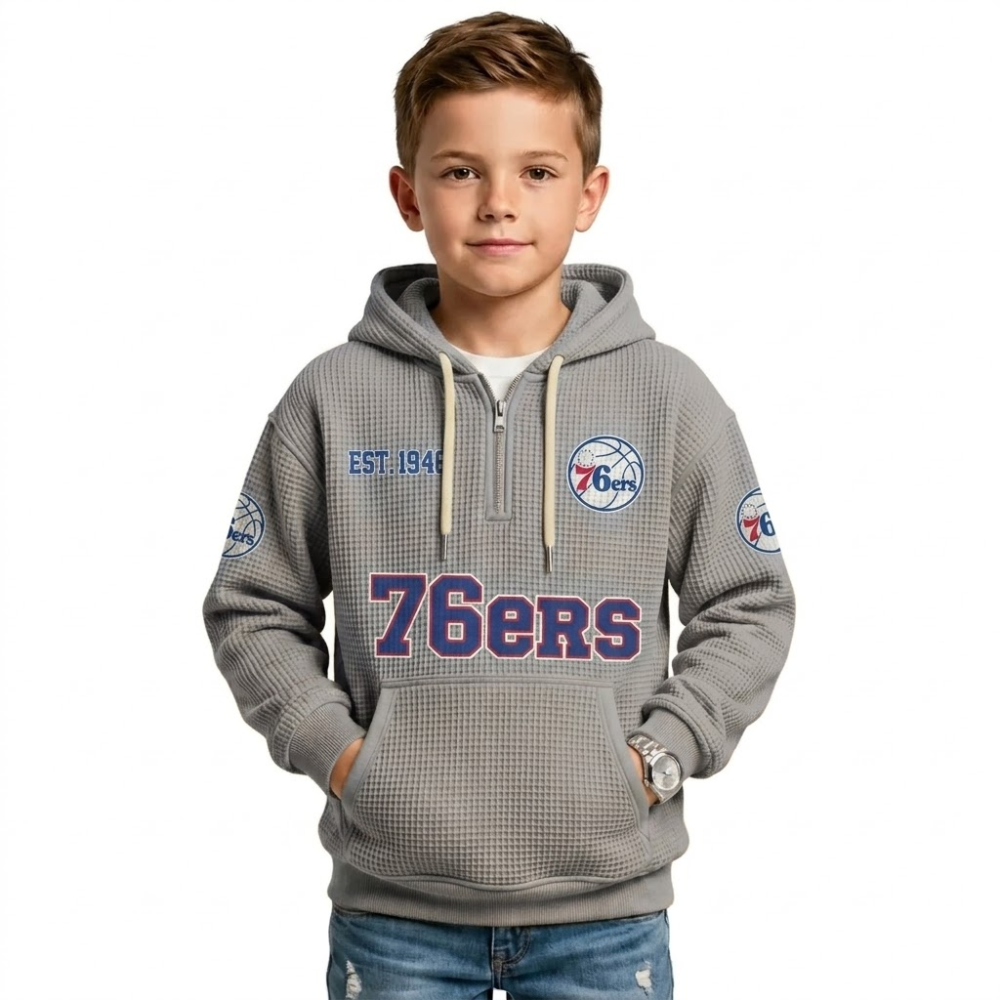 Philadelphia 76ers EST 1946 Kids Baseball Fan Printed Waffle Quarter Zip Hoodie