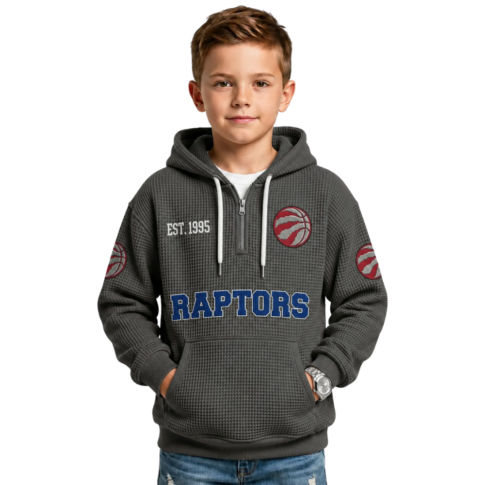 Toronto Raptors EST 1995 Kids Baseball Fan Printed Waffle Quarter Zip Hoodie