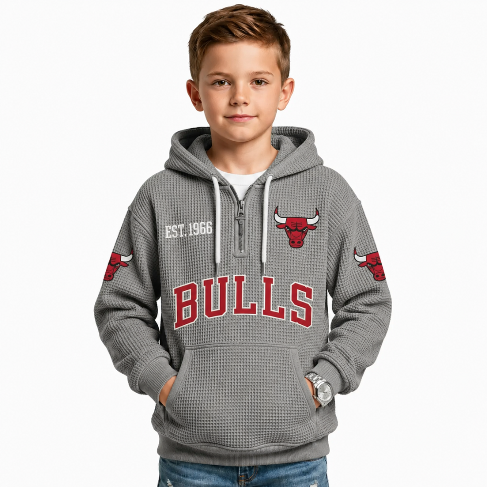 Chicago Bulls EST 1966 Kids Baseball Fan Printed Waffle Quarter Zip Hoodie