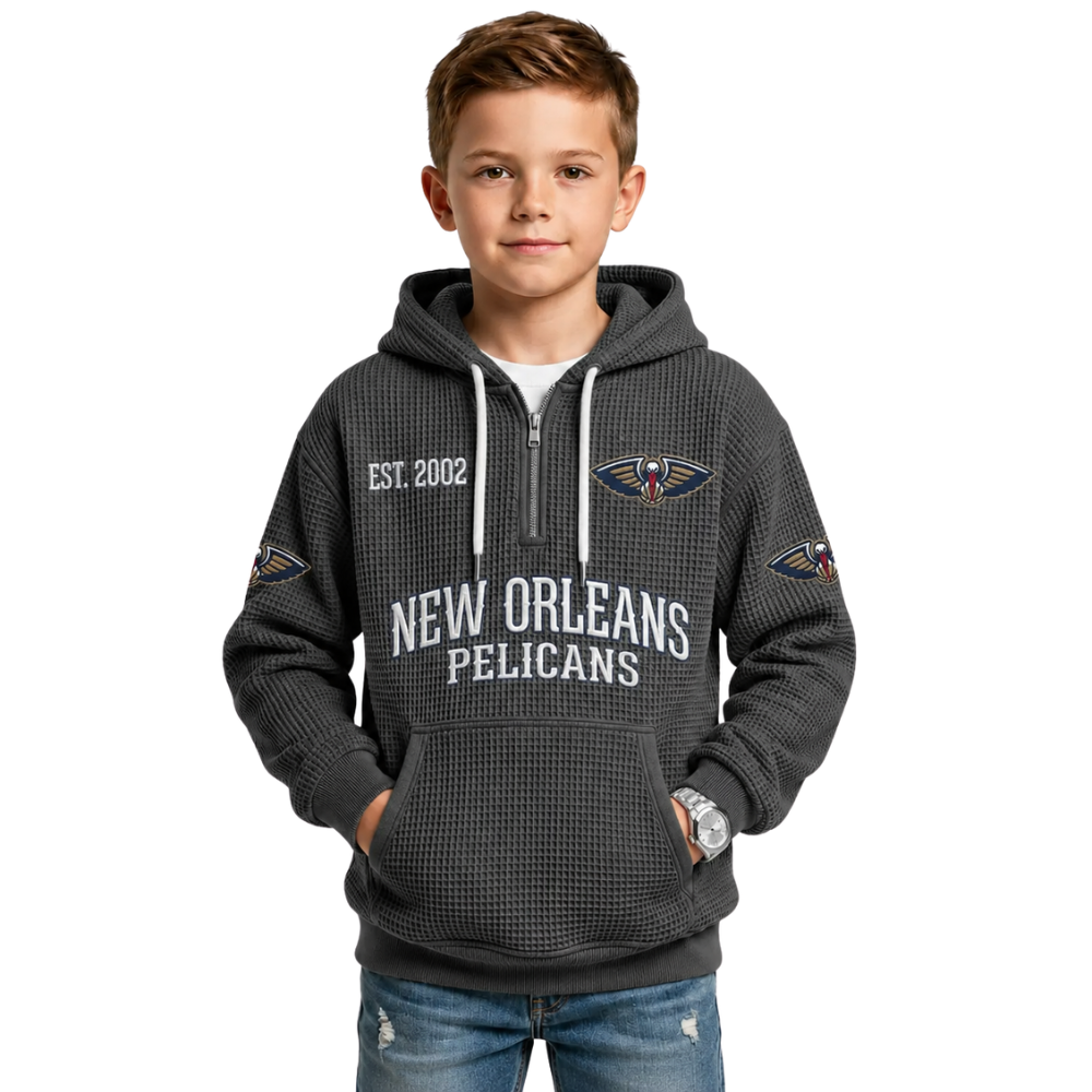 New Orleans Pelicans EST 2002 Kids Baseball Fan Printed Waffle Quarter Zip Hoodie