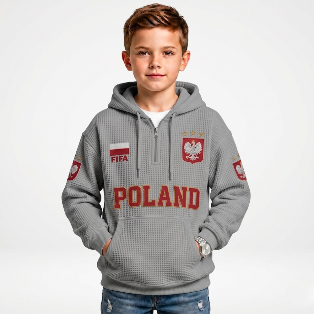 FIFA 2026 Poland Printed Waffle Quarter Zip Kids Football Fan Hoodie
