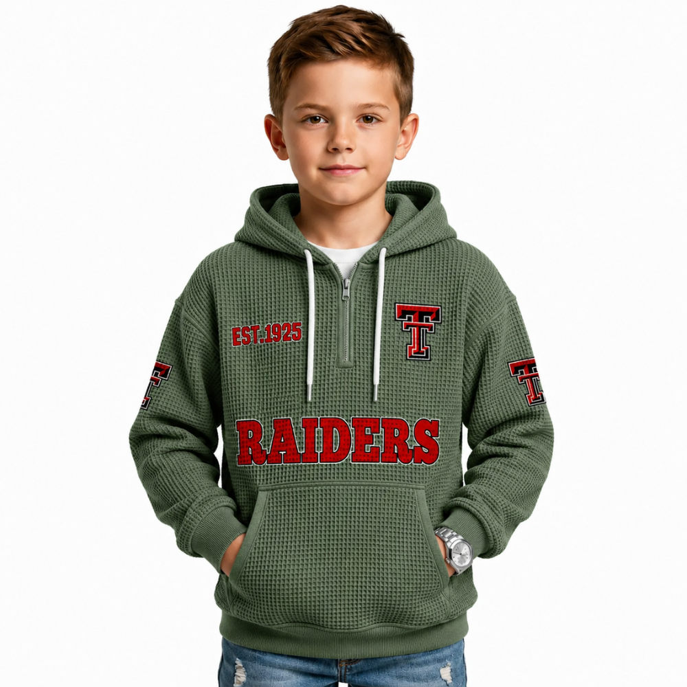 Las Vegas Raiders EST 1925 Themed Quarter Zip Waffle Kids Football Fan Hoodie