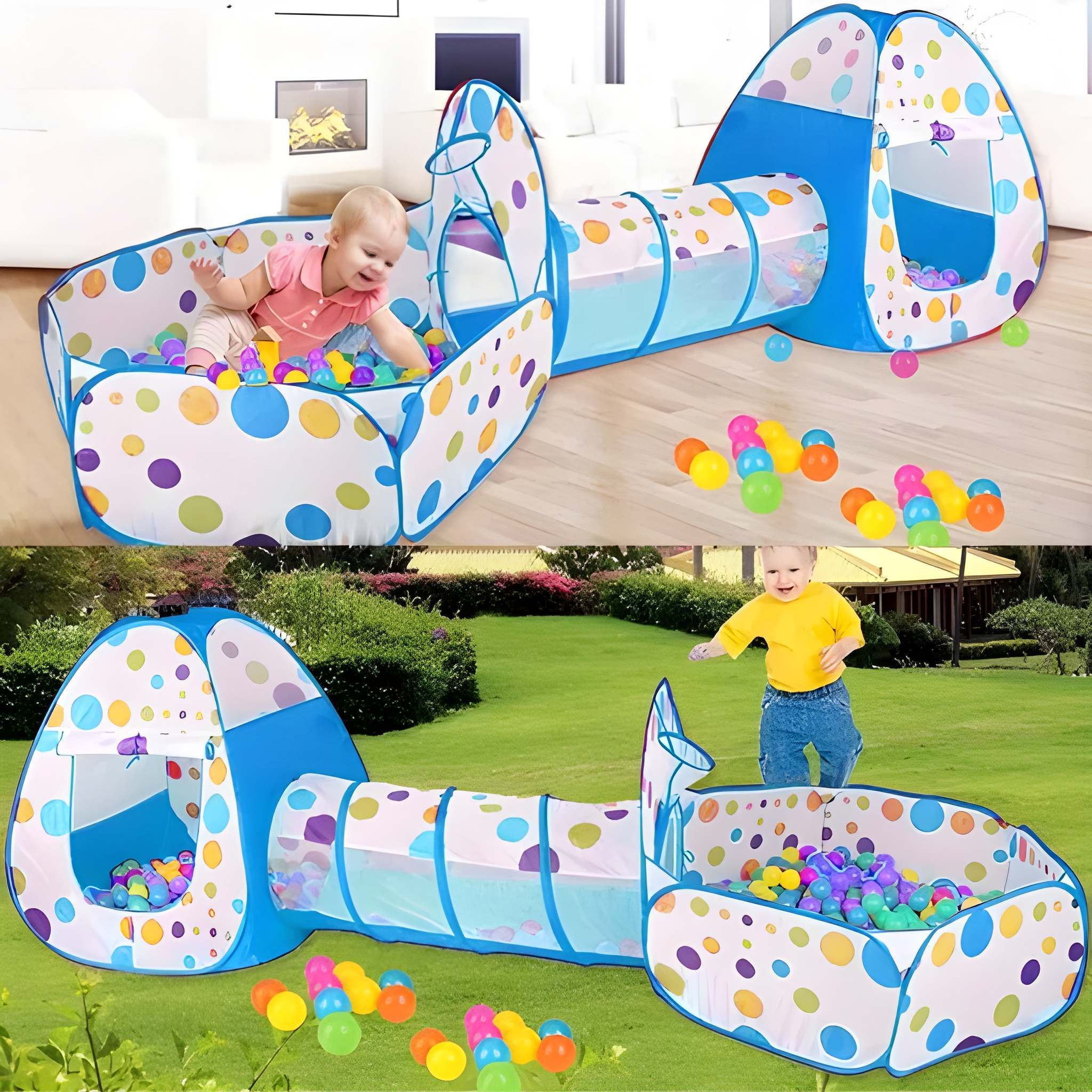 Kids 3 In 1 Indoor Foldable Game House With Steel Frame Play Tent Set