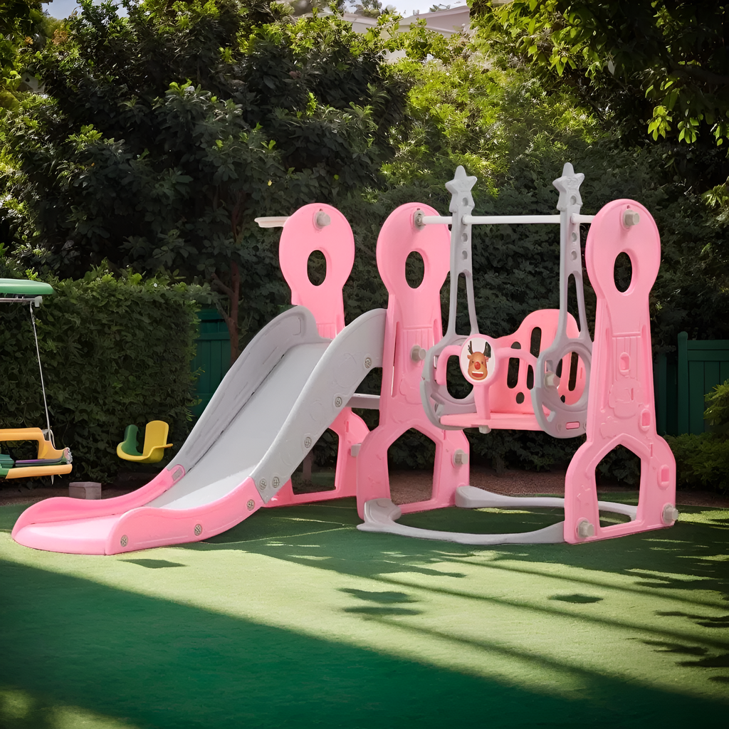 Kids 4 In 1 Swing And Slide Set With Basketball Hoop