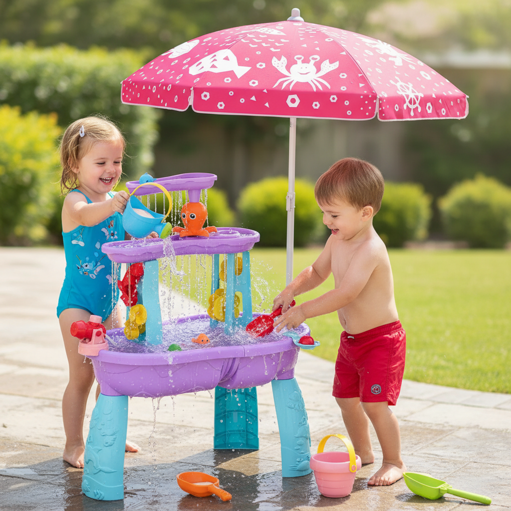 3 Tier Water Table With Adjustable Umbrella For Kids Beach Activity