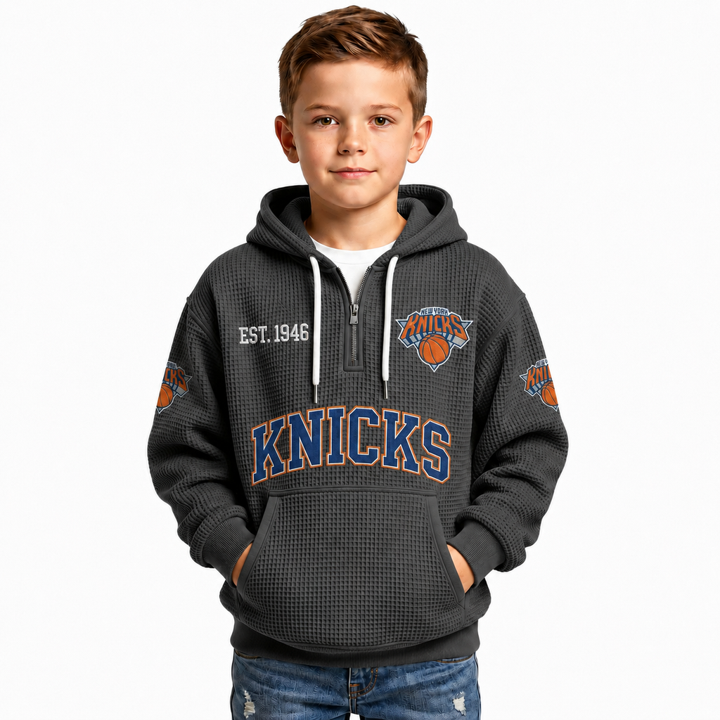 New York Knicks EST 1946 Kids Baseball Fan Printed Waffle Quarter Zip Hoodie