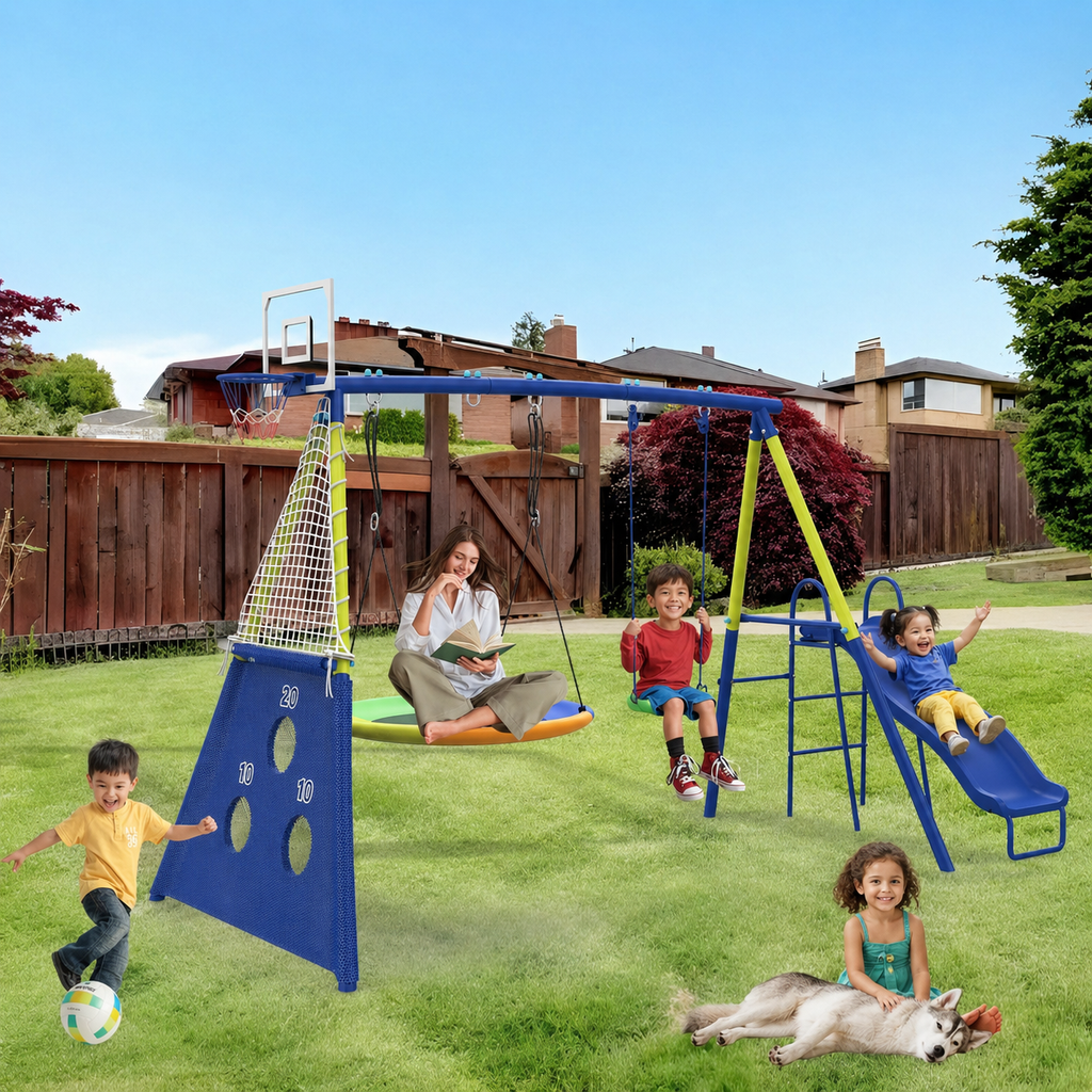 Kids 5 In 1 Heavy Duty Swing And Slide Set With Basketball Hoop