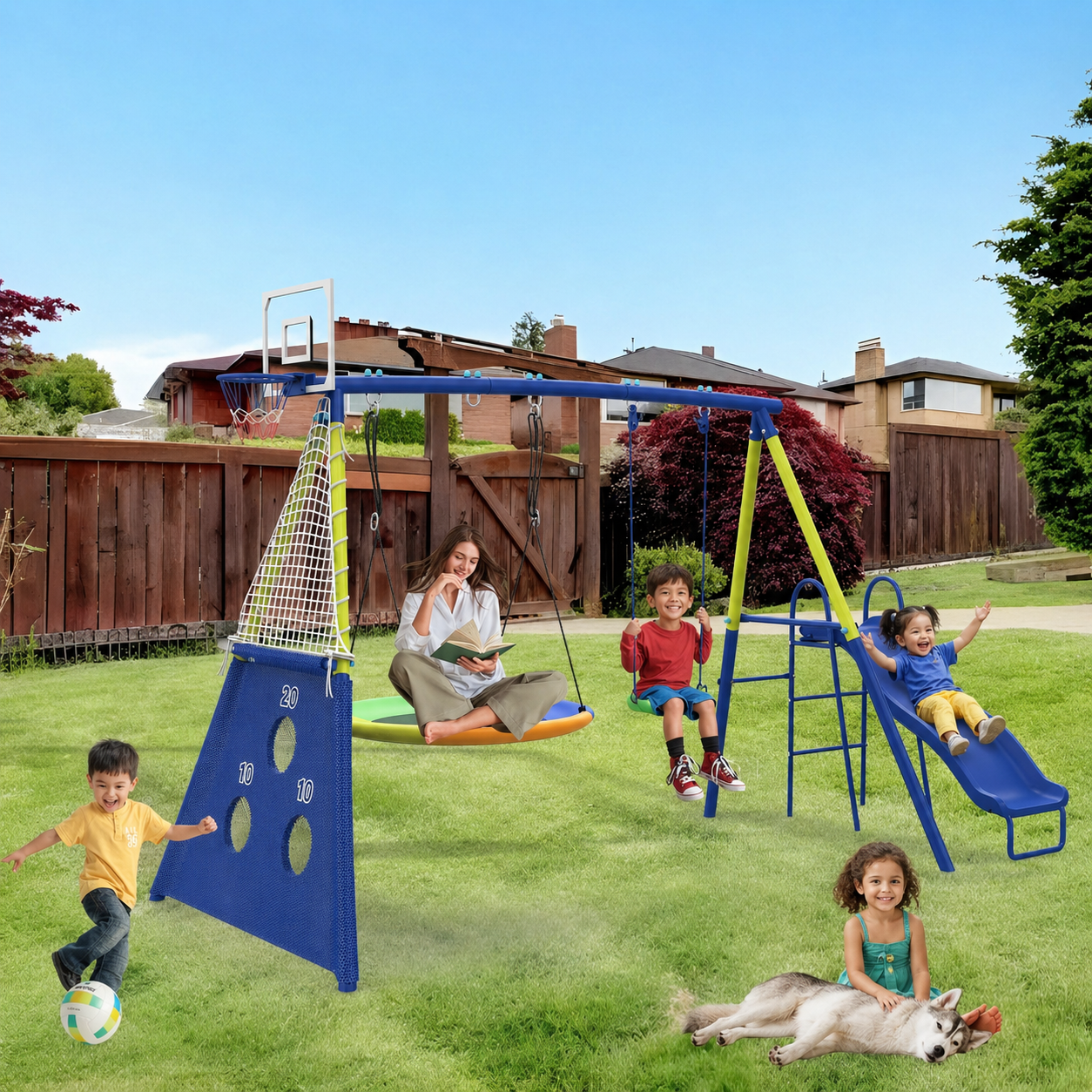 Kids 5 In 1 Heavy Duty Swing And Slide Set With Basketball Hoop