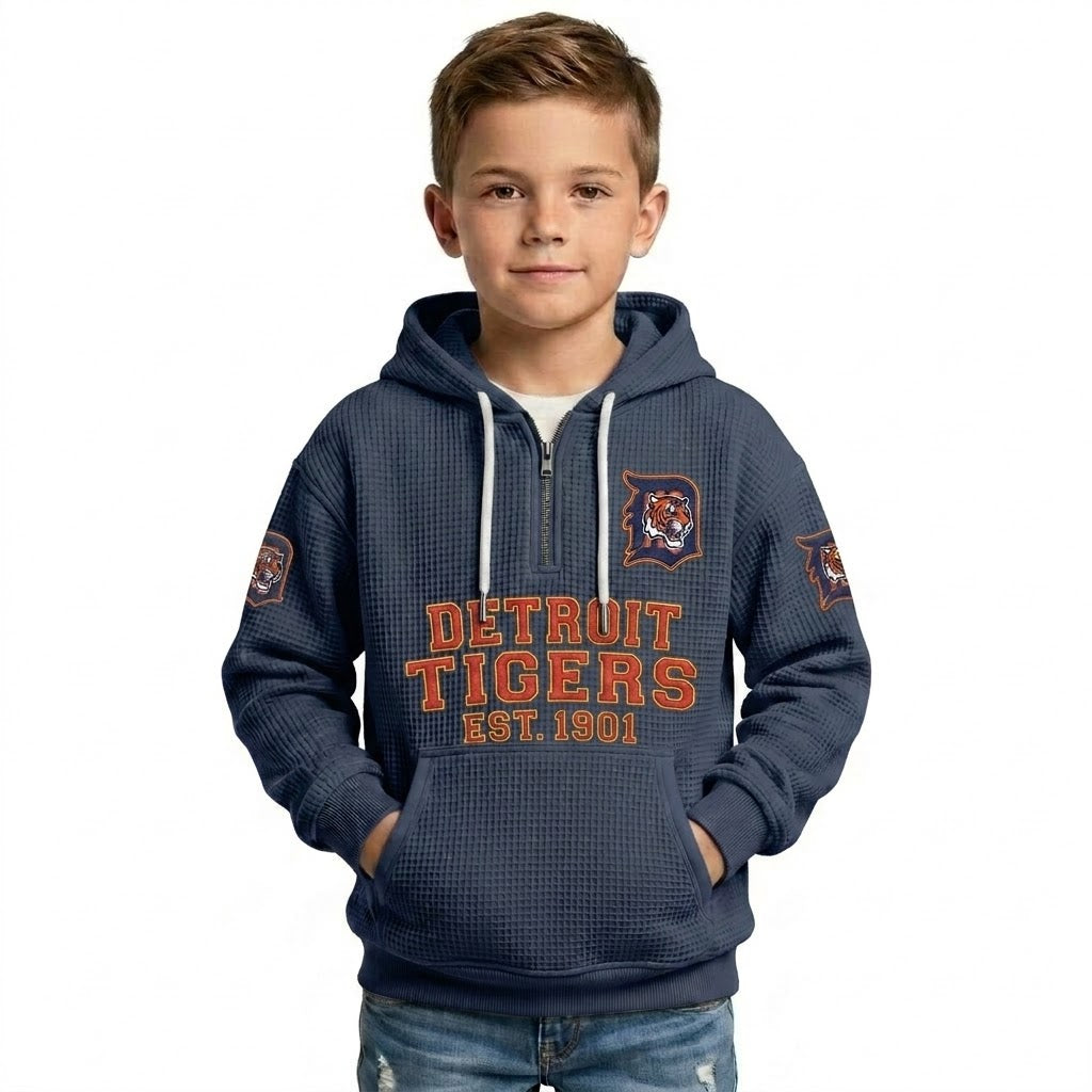 Detroit Tigers EST 1901 Kids Baseball Fan Printed Waffle Quarter Zip Hoodie