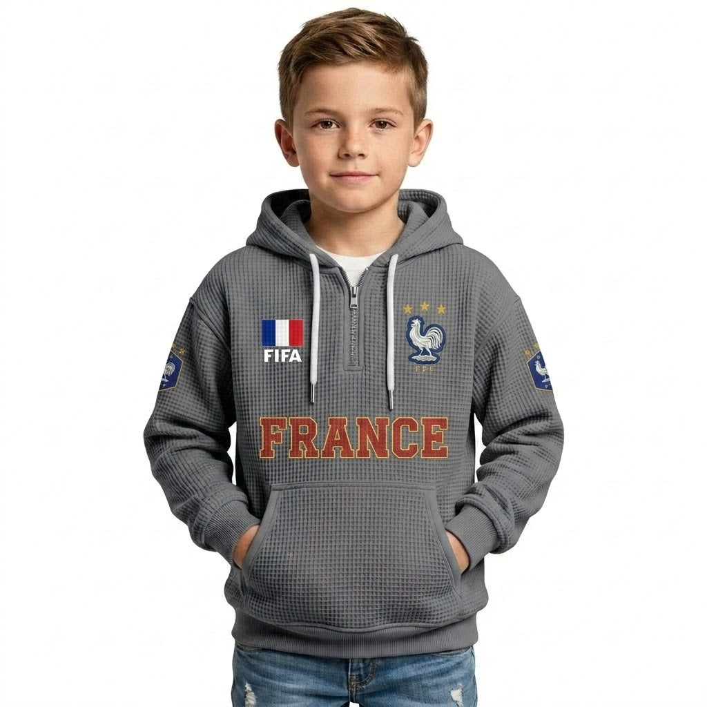 FIFA 2026 France Printed Waffle Quarter Zip Kids Football Fan Hoodie