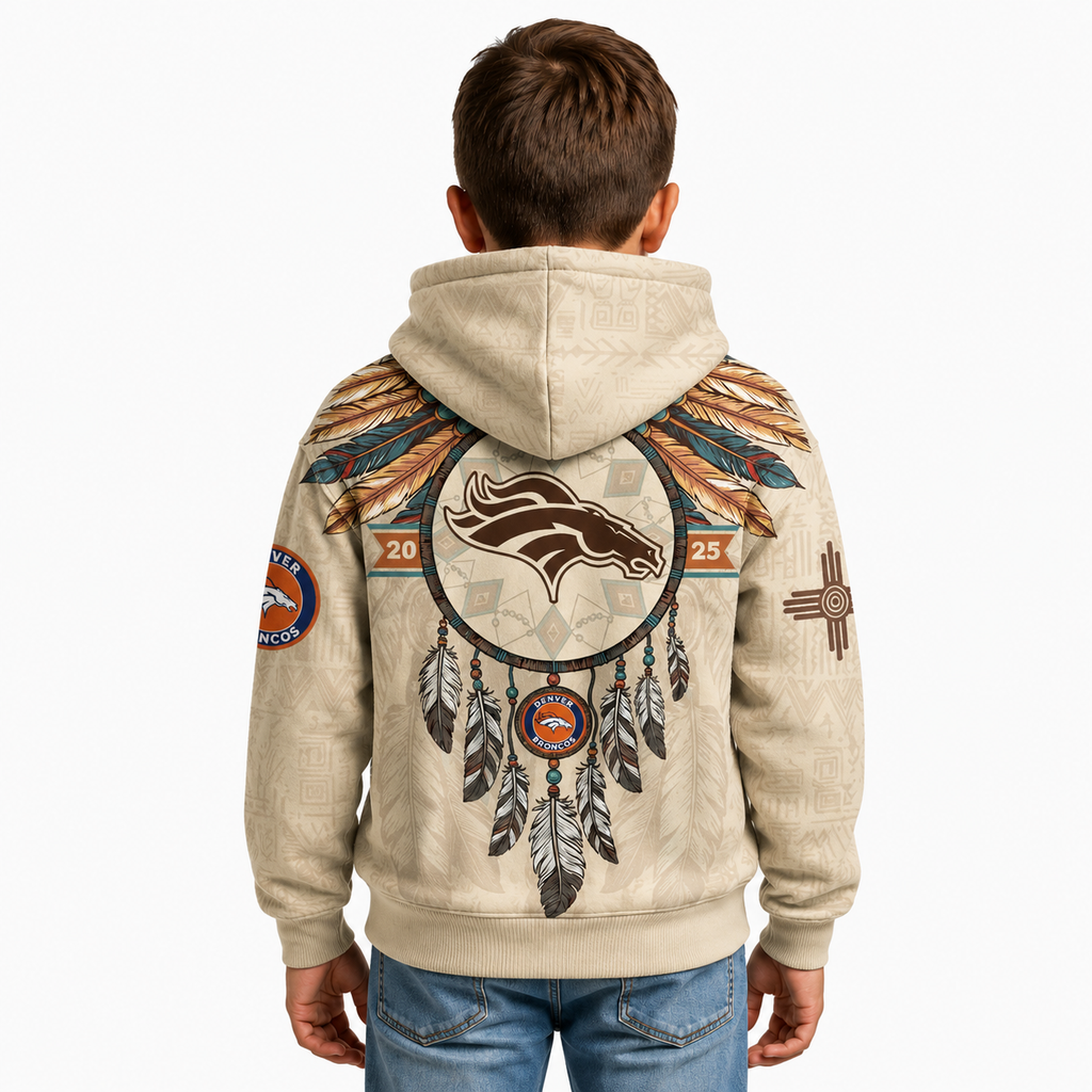 Denver Broncos Printed With Heritage Feather Design Kids Hoodie
