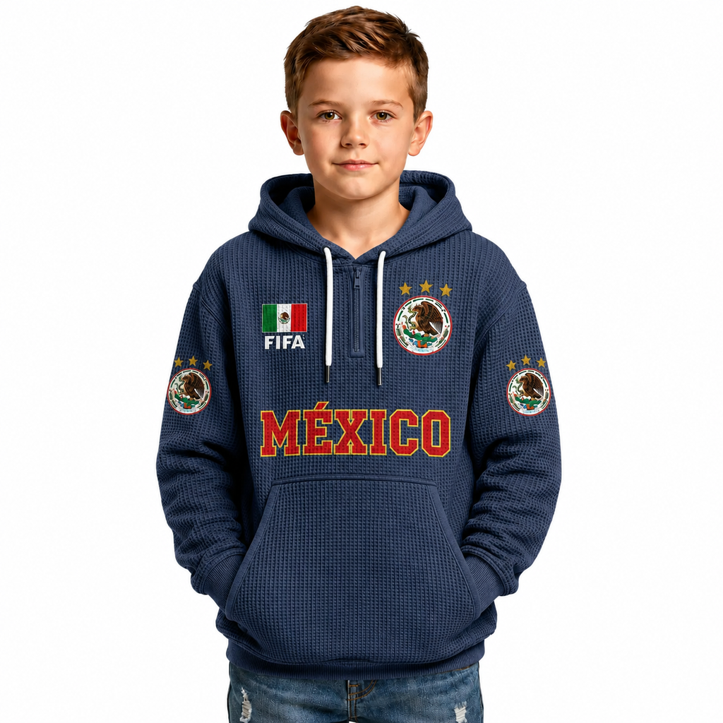 FIFA 2026 Mexico Printed Waffle Quarter Zip Kids Football Fan Hoodie