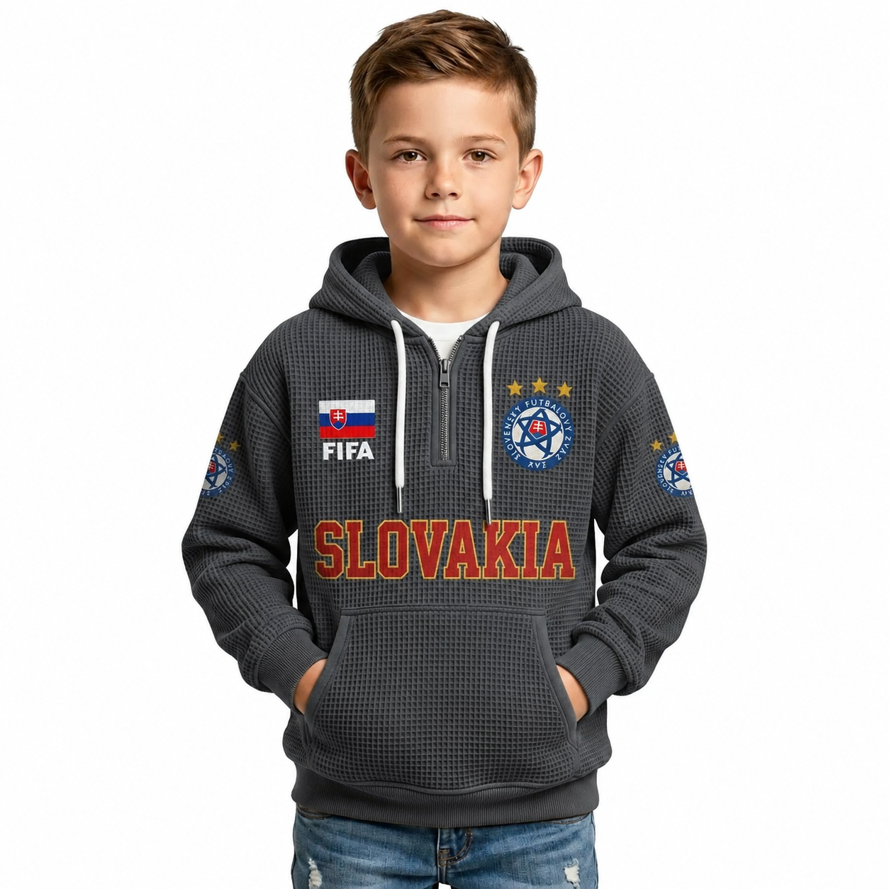 FIFA 2026 Slovakia Printed Waffle Quarter Zip Kids Football Fan Hoodie