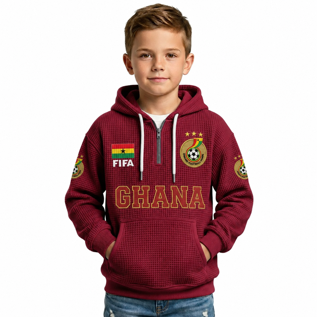 FIFA 2026 Ghana Printed Waffle Quarter Zip Kids Football Fan Hoodie