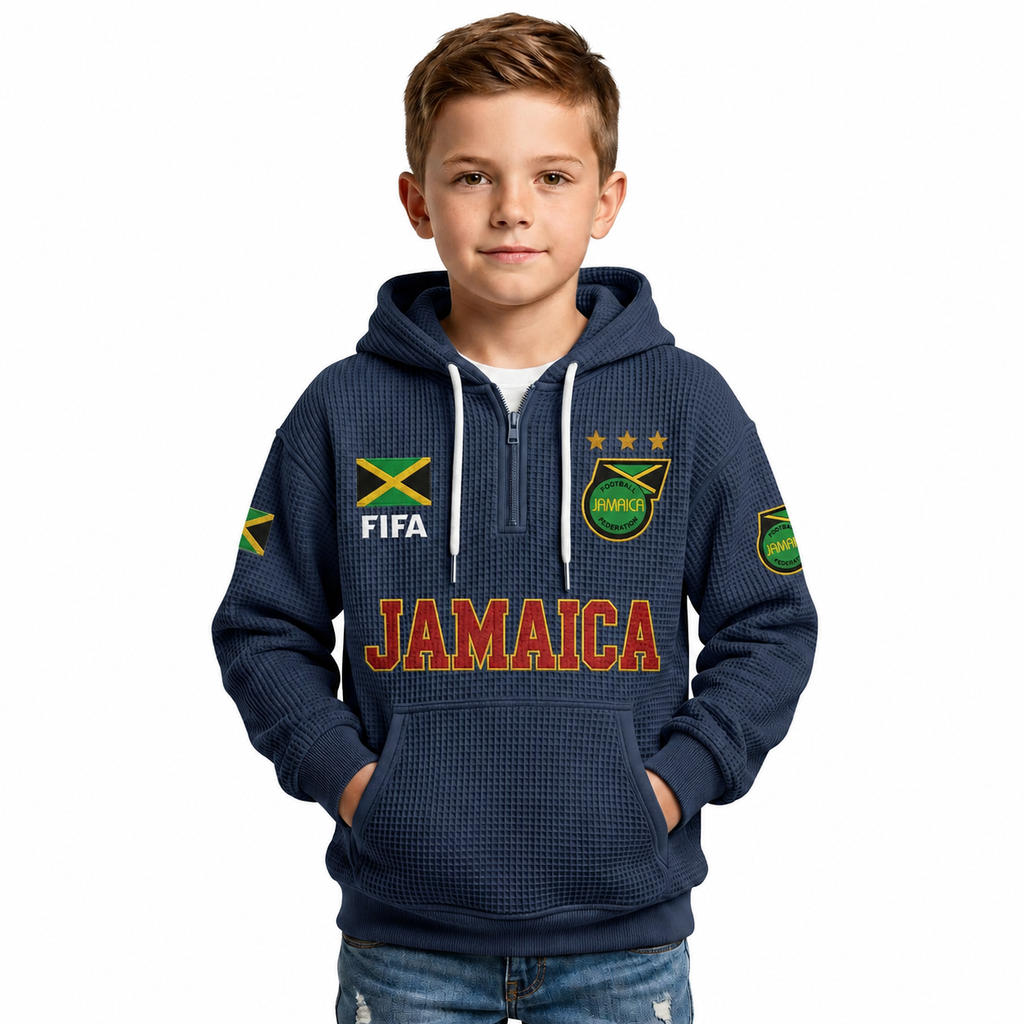 FIFA 2026 Jamaica Printed Waffle Quarter Zip Kids Football Fan Hoodie