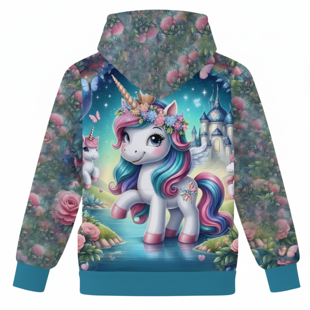 Girls Unicorn And Flower Print Hooded Sweatshirt