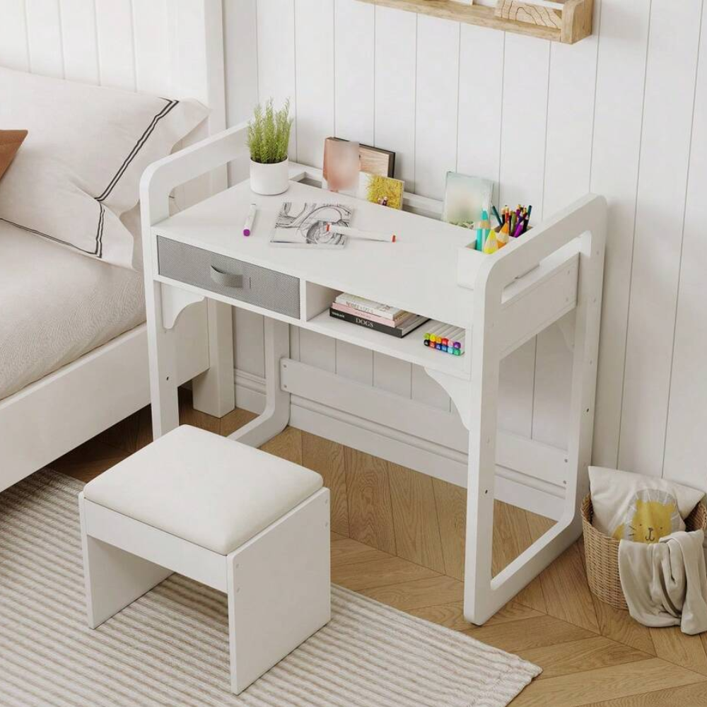 Kids Study Desk And Chair Set With Storage Drawer With Soft Stool