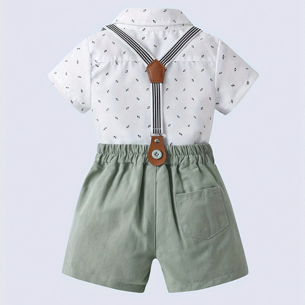 Baby Boys Short Sleeve Shirt With Bow Tie And Suspenders Shorts Set