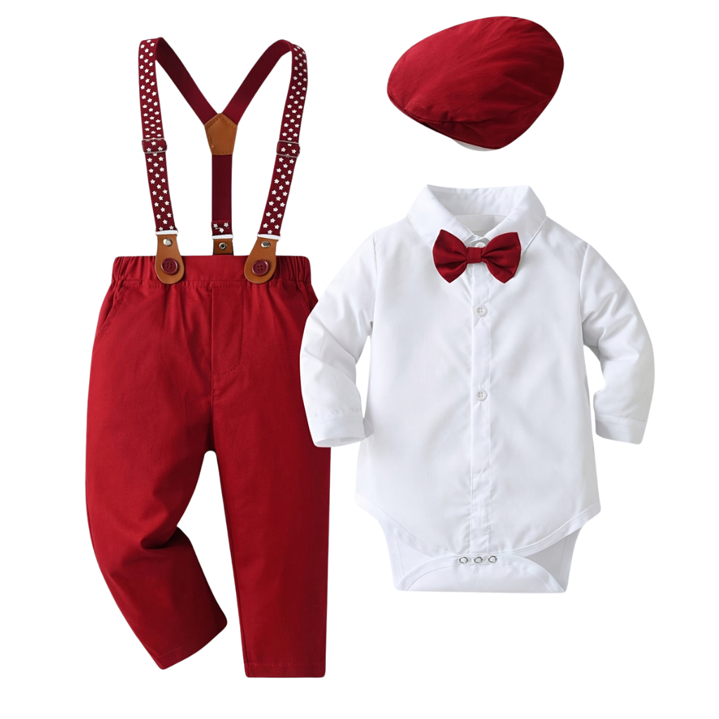 Boys Two Piece Outfit With Bow Tie And Suspenders