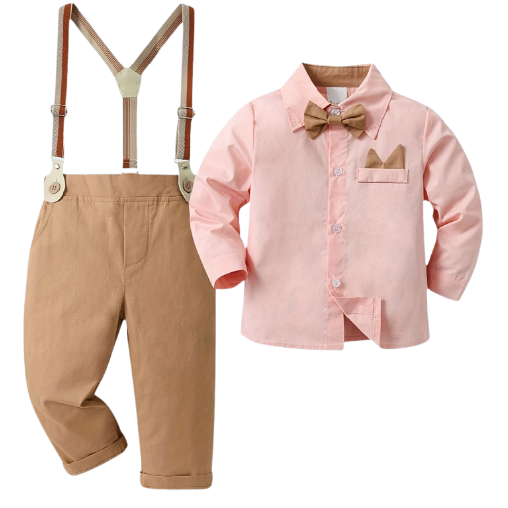 Boys Two Piece Long Sleeve Shirt With Bow And Trousers With Belt Set