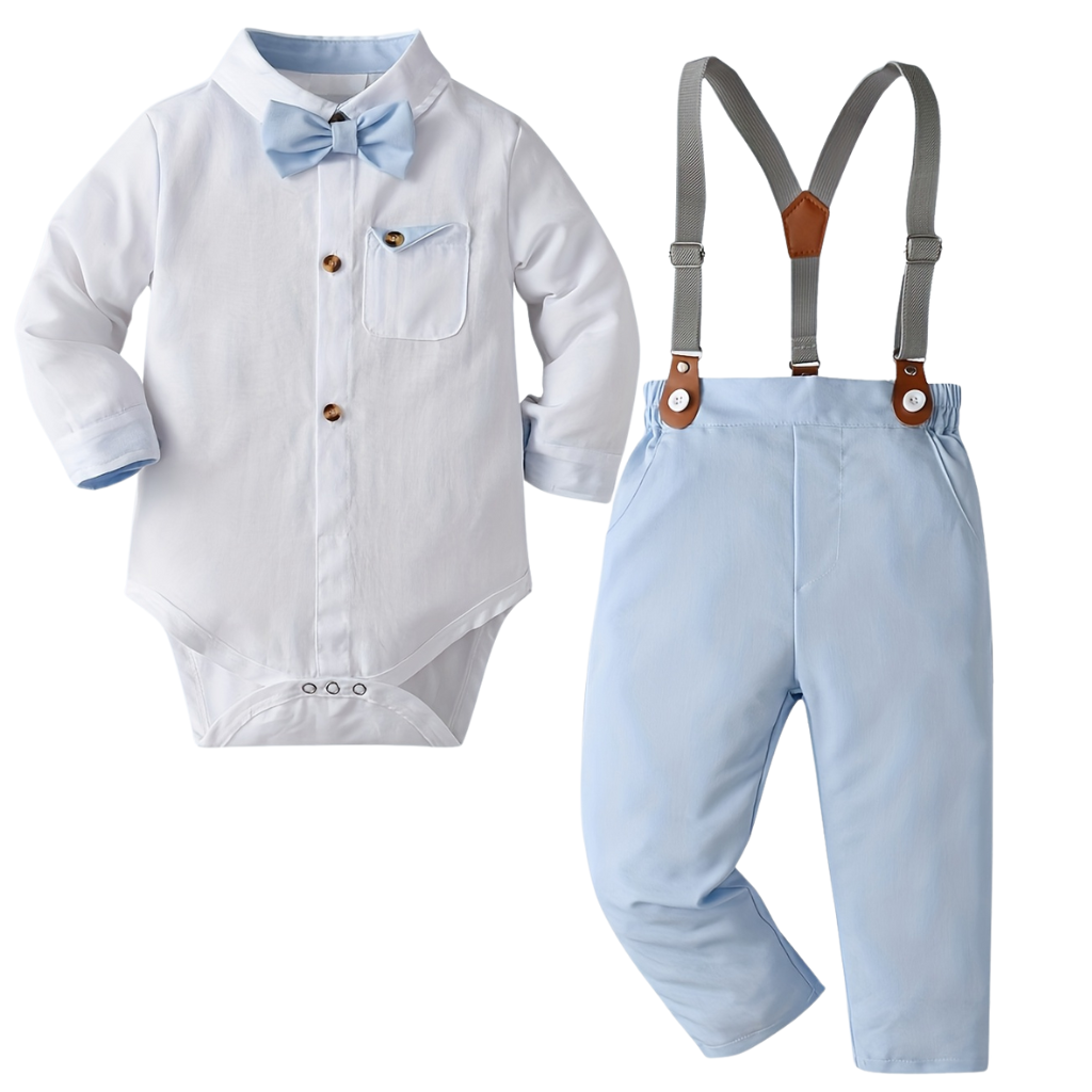Boys Two Piece Long Sleeve Bow Tie Shirt And Suspender Pants