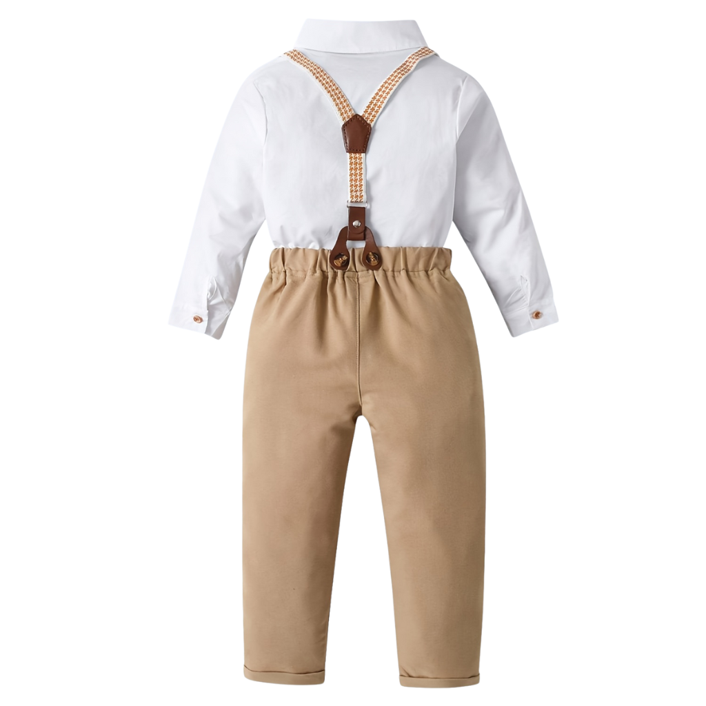 Boys Long Sleeve Button Shirt With Bow Tie And Suspender Pant Set
