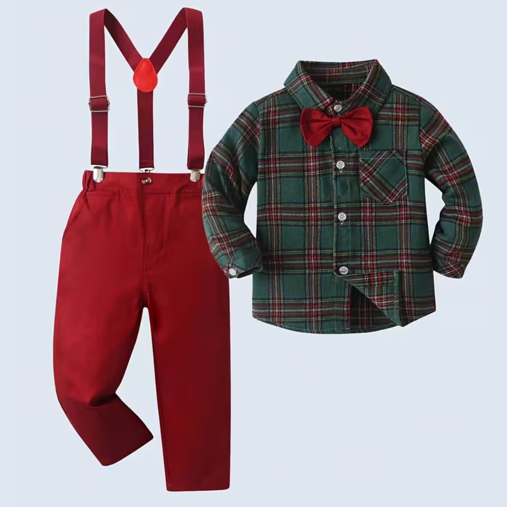 Baby Boys Plaid Shirt With Bow Tie And Suspender Pants 2 Piece Set