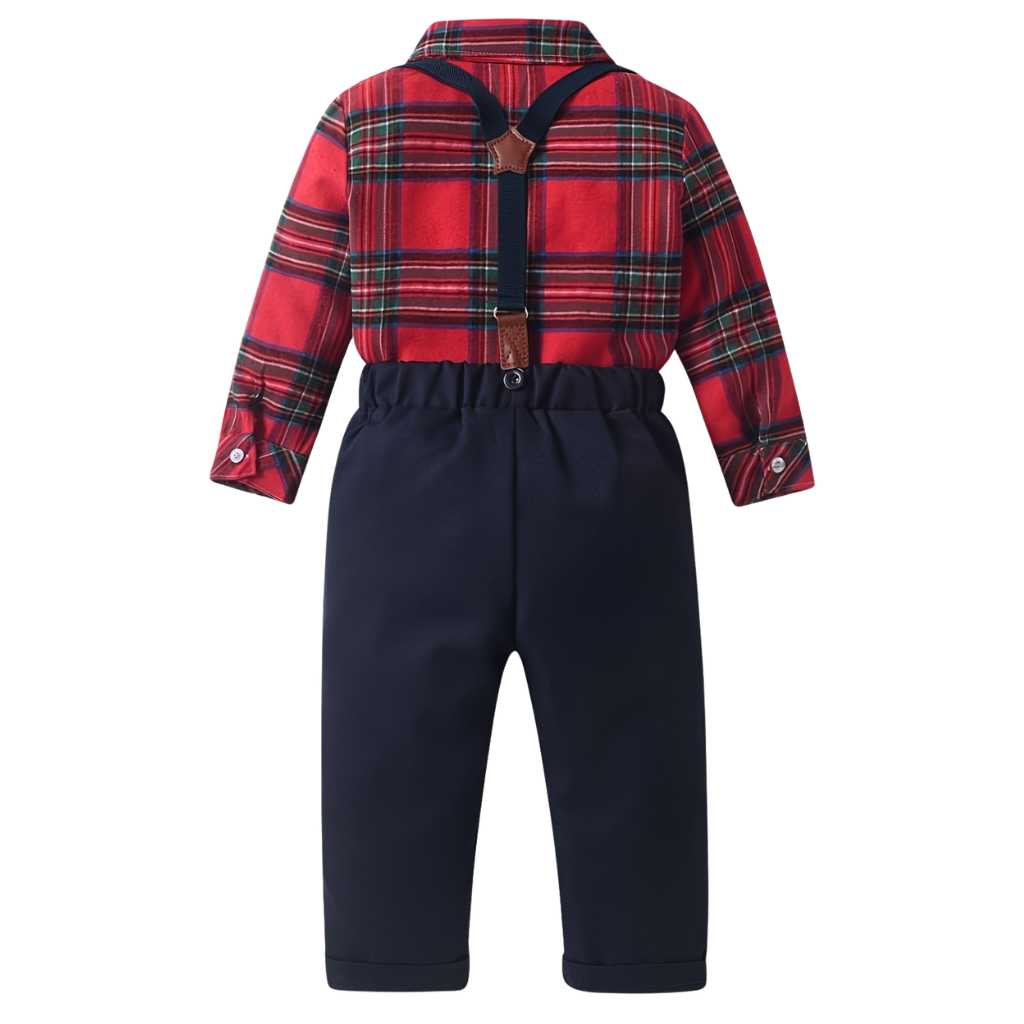 Baby Boys 2 Piece Of Christmas Long Sleeve Plaid Shirt And Suspender Pants Set