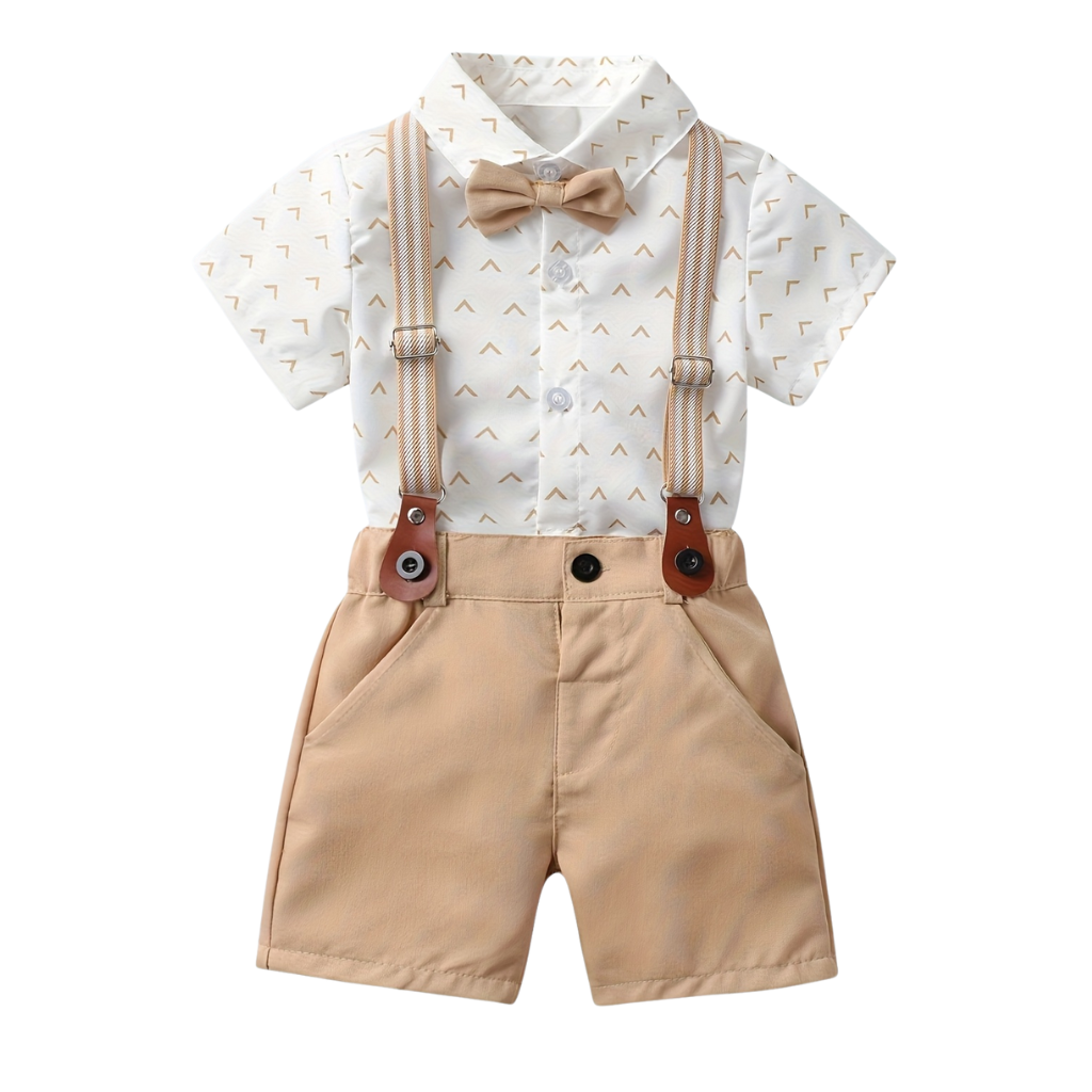 2 Piece Short Sleeved Collared Shirt With Shorts Bow Tie Set