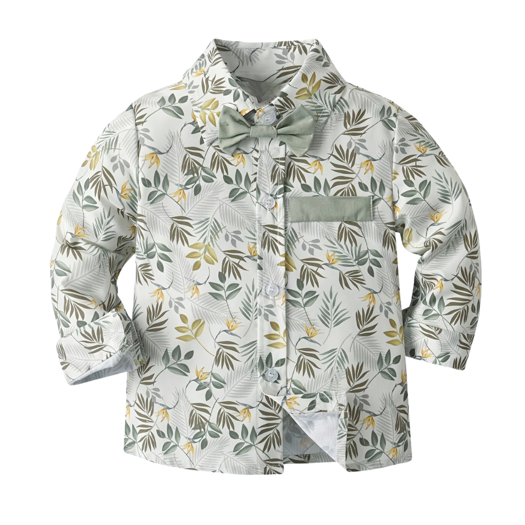 Baby Boys Printed Floral Shirt With Bow Tie And Suspender Pants Set