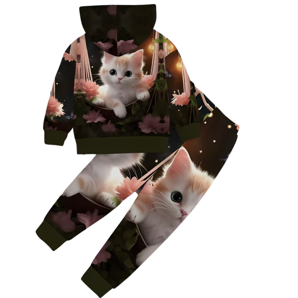 Furry Kitten Printed Hooded Sweatshirt And Pants Set
