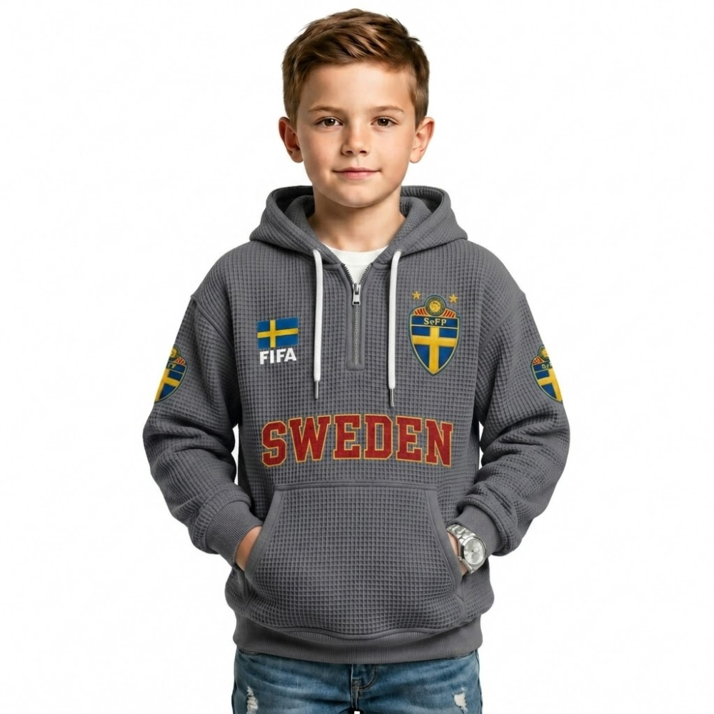 FIFA 2026 Sweden Printed Waffle Quarter Zip Kids Football Fan Hoodie