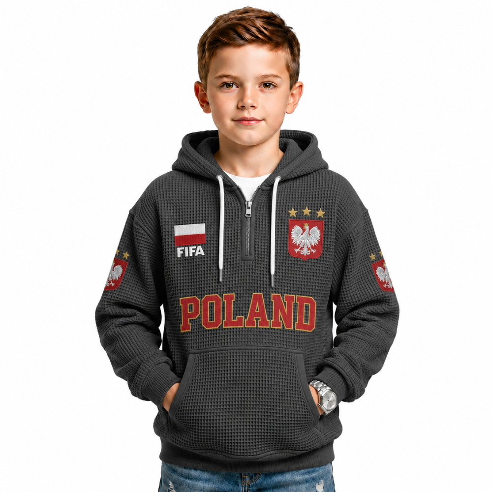 FIFA 2026 Poland Printed Waffle Quarter Zip Kids Football Fan Hoodie