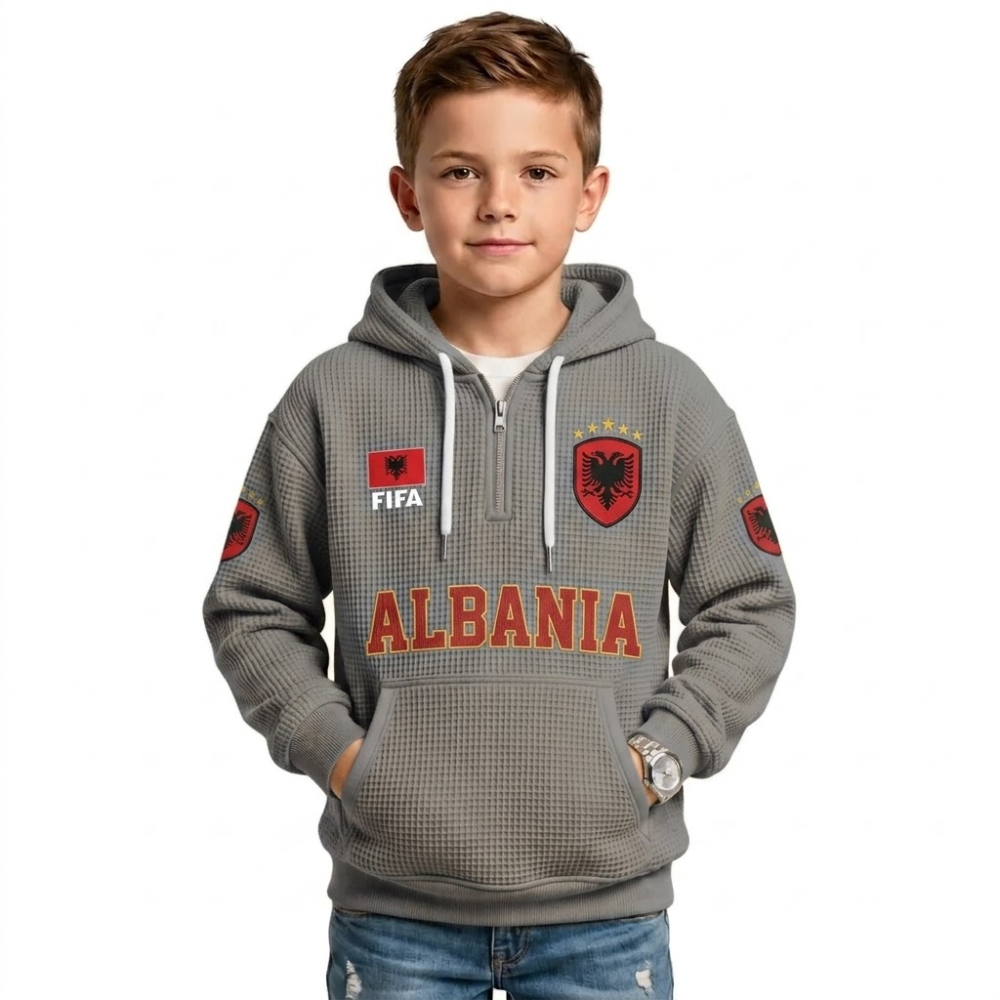 FIFA 2026 Albania Printed Waffle Quarter Zip Kids Football Fan Hoodie